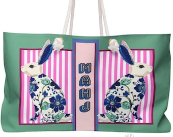 Mahjong Rabbit Tote Bag | Maximalist Preppy Bunny Chinoiserie Mahj Travel Accessories
