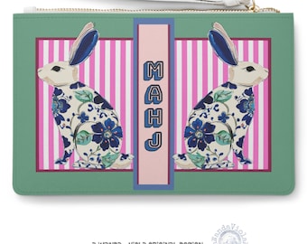 Mahjong Rabbit Card Clutch | Maximalist Preppy Bunny | Mahj Accessories Case | Faux Leather Mah Jongg Holder