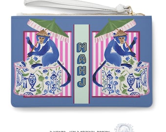 Mahjong Chinoiserie Monkey Card Holder | Maximalist Preppy Mahj Accessories Case | Faux Leather Mah Jongg Holder