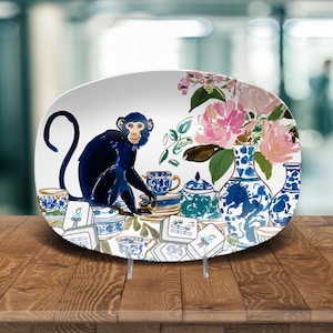 Mahjong Serving Tray Chinoiserie Monkey Platter Blue White Pattern Game Night Essentials Hostess Appreciation Gift Palm Beach Style Grandmillennial Entertaining Tableware Ginger Jar Design Floral Details Party Serving Collection Group Prize