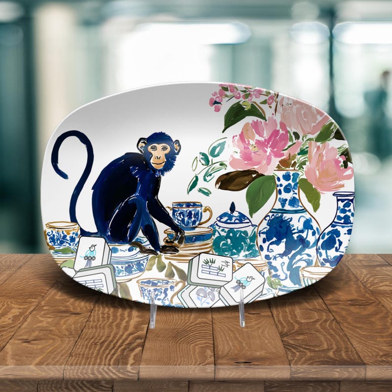 Mahjong Serving Tray Chinoiserie Monkey Platter Blue White Pattern Game Night Essentials Hostess Appreciation Gift Palm Beach Style Grandmillennial Entertaining Tableware Ginger Jar Design Floral Details Party Serving Collection Group Prize