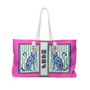 Mahjong Tile Bag | Blue + Pink Chinoiserie Cheetah, Preppy Mah Jongg Leopard Case, Stylish Mahj Group Gift, Maximalist Hostess Present