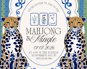 Editable Mahjong Chinoiserie Cheetahs Invitation | Mahjong & Mingle Evite | 5x7 Canva Template | Digital Download | Print or Send Digitally