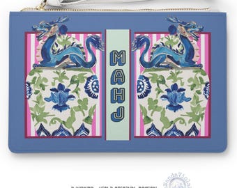 Mahjong Chinoiserie Ginger Jar Dragon Card Clutch | Maximalist Preppy Mahj Accessories Case | Faux Leather Mah Jongg Holder