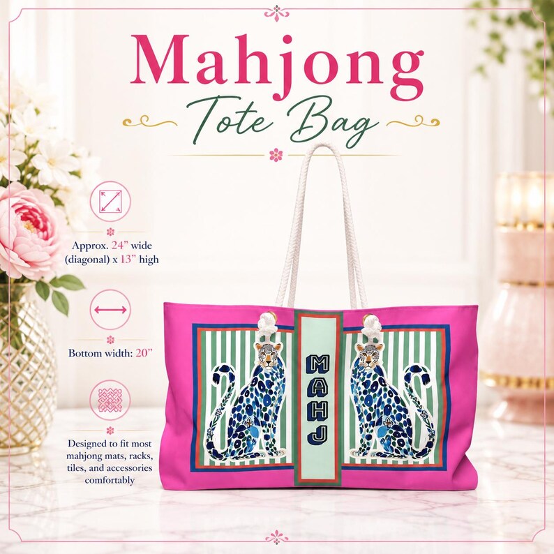 Mahjong Tile Bag | Blue + Pink Chinoiserie Cheetah, Preppy Mah Jongg Leopard Case, Stylish Mahj Group Gift, Maximalist Hostess Present