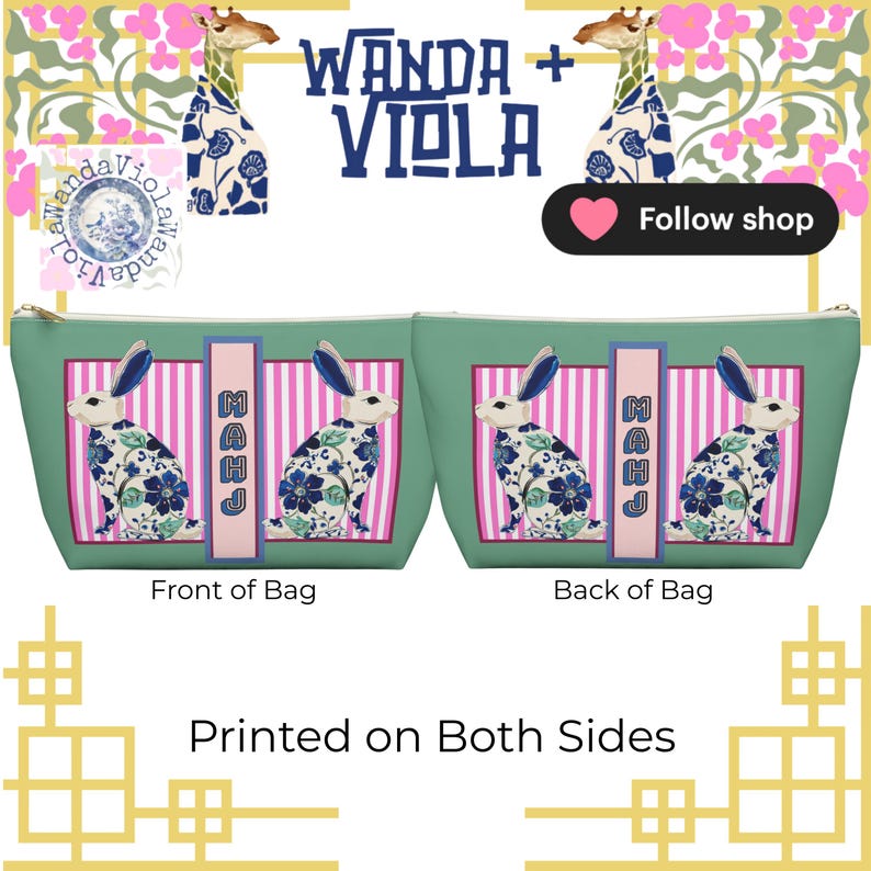 May include: A teal cosmetic bag with a zipper closure, featuring a white rabbit with blue floral patterns on the front and back. The bag has pink and white stripes and the word "MAHJ". The text "Printed on Both Sides" is also visible.