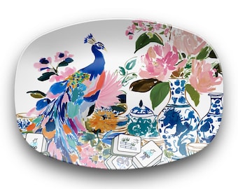 Mahjong Chinoiserie Peacock Platter | Mah Jongg Serving Tray, Chinoiserie "Bird Bam" Decor, Mahj Hostess Gift