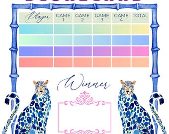 Mahjong Hardcover Score Book | Chinoiserie Blue Cheetah Scorekeeper Card | Luxury Mahj Game Night Hostess Gift Keepsake Mah Jongg Prize Idea