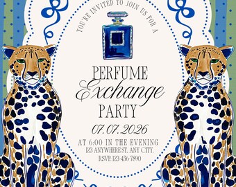 Editable Chinoiserie Cheetah Perfume Exchange Invitation | 5x7 Canva Template | Digital Download | Print or Send Digitally