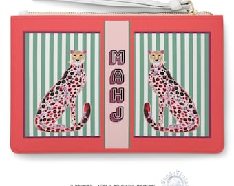 Mahjong Card Holder with Red + Green Chinoiserie Cheetah | Maximalist Preppy Mahj Leopard Accessories Case | Faux Leather Mah Jongg Holder