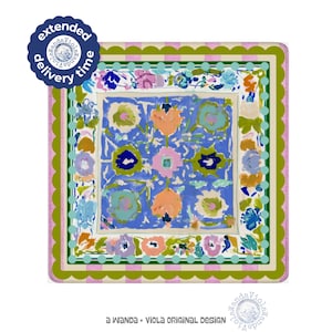 May include: A square decorative tile featuring a central blue panel with painted floral motifs in orange, pink, and green. The border includes a light blue dotted line, a solid olive green scalloped edge, and a pink and white checkered outer frame.