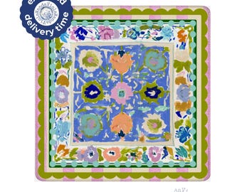 Mahjong Whimsical Floral Rug Game Mat | 31.5" x 31.5" or 33" x 33" | Maximalist Boho Periwinkle Chartreuse Colors Mahj Mat | Soft Surface