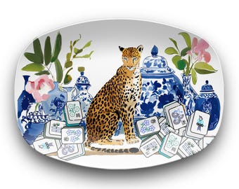Mahjong Chinoiserie Cheetah Platter | Mah Jongg Serving Tray, Chinoiserie Leopard Decor, Mahj Hostess Gift, Grandmillennial Group Prize
