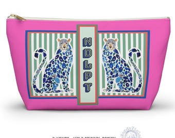 Needlepoint Project Bag NDLPT, Chinoiserie Blue Cheetah Pouch, Preppy Leopard Stitcher Gift, Sewing Travel, Grandmillennial Accessory