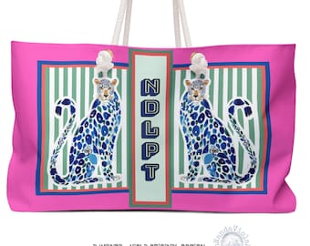 Needlepoint Tote Bag NDLPT, Chinoiserie Cheetah Stitcher, Preppy Leopard Grandmillennial Project Carrier, Sewing Travel, Stitching Gift