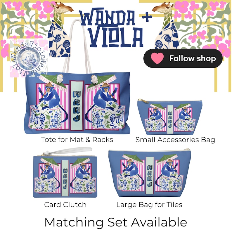 Mahjong Chinoiserie Monkey Tile Bag | Maximalist Preppy Mah Jongg Dice Case, Stylish Mahj Group Gift, Hostess Present Money Accessories image 14