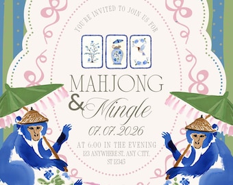 Editable Mahjong Chinoiserie Monkey Invitation | Mahjong & Mingle Evite | 5x7 Canva Template | Digital Download | Print or Send Digitally