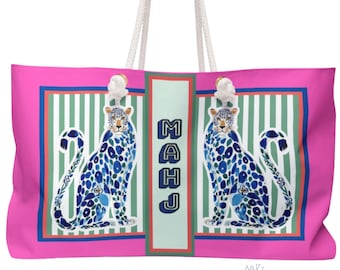 Bolsa de Mahjong con estampado de guepardo azul chinoiserie y accesorios de viaje de Mahj con estampado de leopardo chinoiserie maximalista y preppy.