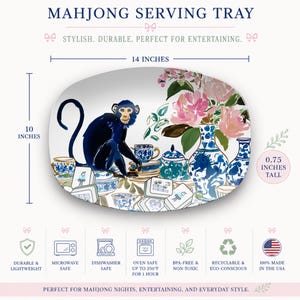 Mahjong Serving Tray Chinoiserie Monkey Platter Blue White Pattern Game Night Essentials Hostess Appreciation Gift Palm Beach Style Grandmillennial Entertaining Tableware Ginger Jar Design Floral Details Party Serving Collection Group Prize