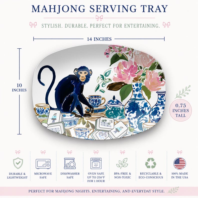 Mahjong Serving Tray Chinoiserie Monkey Platter Blue White Pattern Game Night Essentials Hostess Appreciation Gift Palm Beach Style Grandmillennial Entertaining Tableware Ginger Jar Design Floral Details Party Serving Collection Group Prize