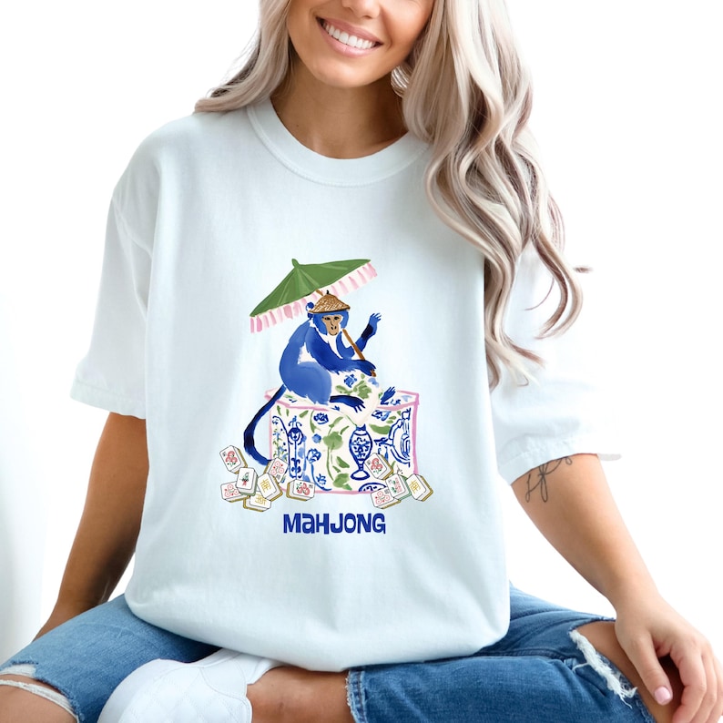 Mahjong Chinoiserie Monkey Comfort Colors™ T-Shirt | Maximalist Preppy Bunny Mahjongg Tee | Mahj Game Night Shirt | Mah jongg Gift
