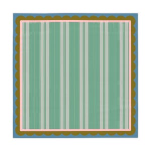 May include: A square textile featuring a central pattern of vertical stripes in shades of sage green, light gray, and white. The design is framed by a thin light pink border, a wide olive green scalloped edge, and a solid blue outer border.