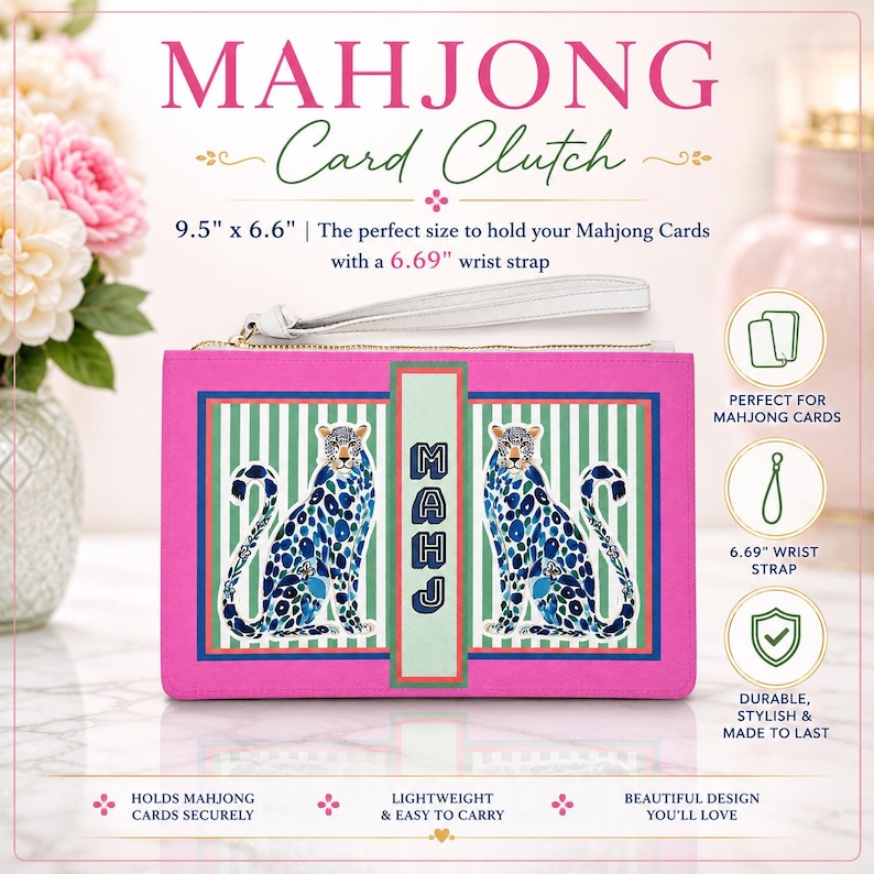 Mahjong Tile Bag | Blue + Pink Chinoiserie Cheetah, Preppy Mah Jongg Leopard Case, Stylish Mahj Group Gift, Maximalist Hostess Present
