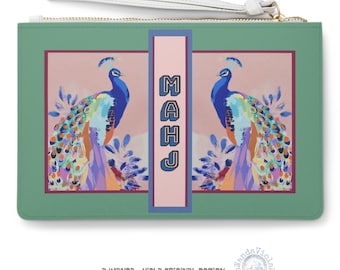 Mahjong Peacocks Card Holder | Maximalist Preppy Mahj Bird Bam BamBird Accessories Case | Faux Leather Mah Jongg Holder