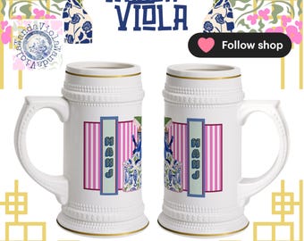 Mahjong Chinoiserie Monkey Coffee and Cocktails Stein, Large Mahj Drink Cup, Preppy Mah Jongg Mug, Hostess Gift, Game Party Drinkware Prize