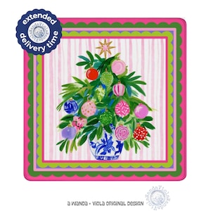 May include: A square decorative print featuring a Christmas tree in a blue and white chinoiserie vase, adorned with colorful ornaments and a gold star topper. The background has pink and white vertical stripes with a scalloped pink and green border.