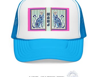 Mahjong Blue Chinoiserie Cheetah Trucker Hat, Maximalist Mah Jongg Leopard, Preppy Mahj Ballcap Stylish Mahj Game Group Gift for Her Hostess