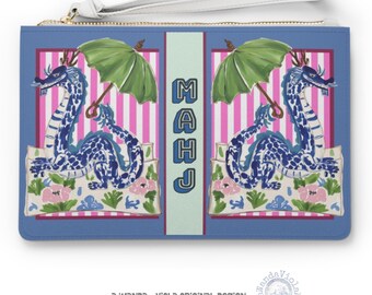 Mahjong Chinoiserie Dragon Card Clutch | Maximalist Preppy Mahj Accessories Case | Faux Leather Mah Jongg Holder