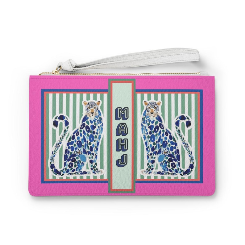 Mahjong Tile Bag | Blue + Pink Chinoiserie Cheetah, Preppy Mah Jongg Leopard Case, Stylish Mahj Group Gift, Maximalist Hostess Present