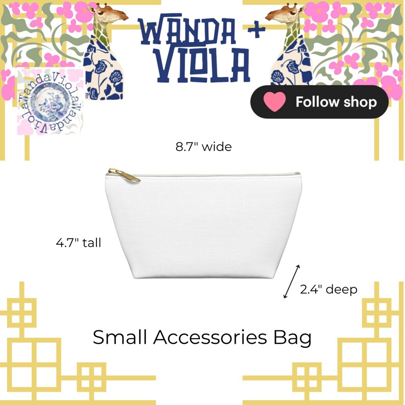 May include: White small accessories bag with a gold zipper, measuring 8.7 inches wide, 4.7 inches tall, and 2.4 inches deep. The bag has the text "Wanda + Viola" and "Small Accessories Bag".