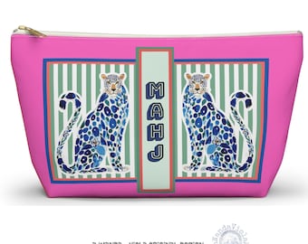 Mahjong Tile Bag | Blue + Pink Chinoiserie Cheetah, Preppy Mah Jongg Leopard Case, Stylish Mahj Group Gift, Maximalist Hostess Present
