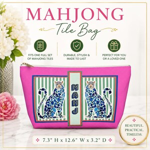 Mahjong Tile Bag | Blue + Pink Chinoiserie Cheetah, Preppy Mah Jongg Leopard Case, Stylish Mahj Group Gift, Maximalist Hostess Present