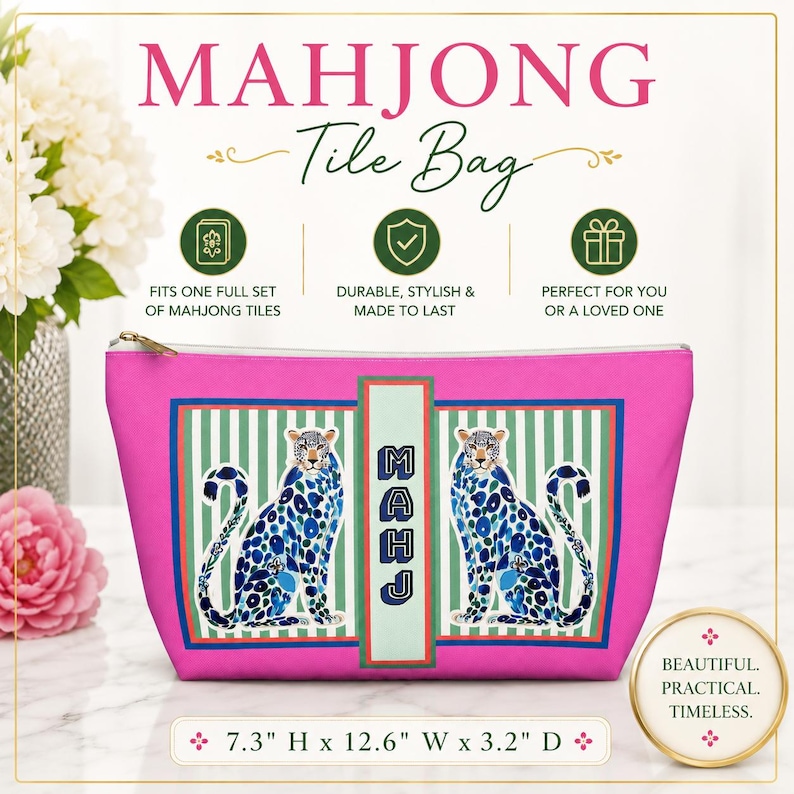 Mahjong Tile Bag | Blue + Pink Chinoiserie Cheetah, Preppy Mah Jongg Leopard Case, Stylish Mahj Group Gift, Maximalist Hostess Present
