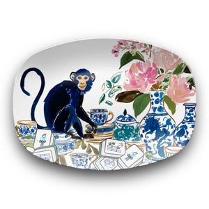 Mahjong Serving Tray Chinoiserie Monkey Platter Blue White Pattern Game Night Essentials Hostess Appreciation Gift Palm Beach Style Grandmillennial Entertaining Tableware Ginger Jar Design Floral Details Party Serving Collection Group Prize