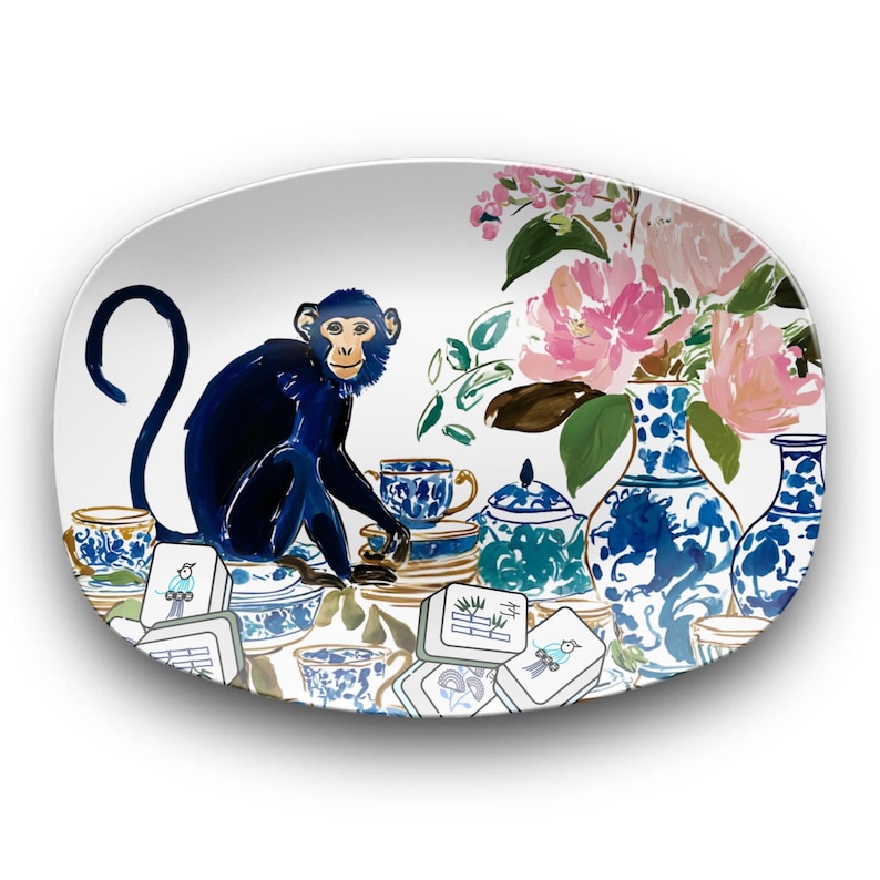 Mahjong Serving Tray Chinoiserie Monkey Platter Blue White Pattern Game Night Essentials Hostess Appreciation Gift Palm Beach Style Grandmillennial Entertaining Tableware Ginger Jar Design Floral Details Party Serving Collection Group Prize