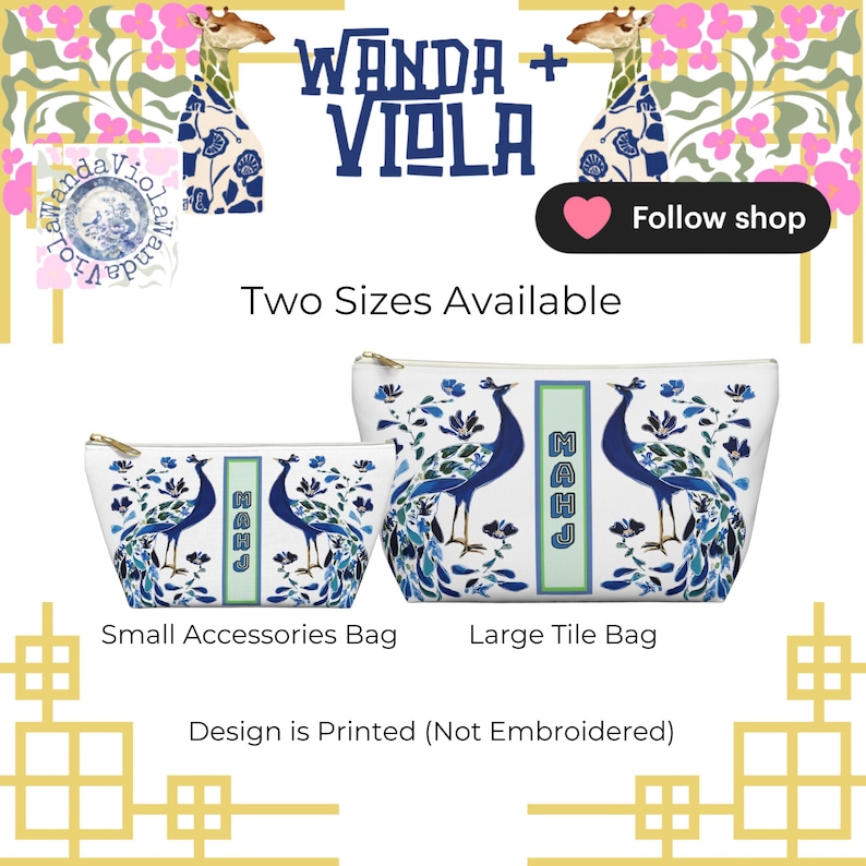 Mahjong Chinoiserie Bird Bam Peacock Tile Bag | Maximalist Preppy Mah Jongg Dice Case, Mahj Group Gift,  Hostess Present Money Accessories