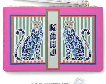 Estuche para tarjetas de Mahjong con estampado de guepardo chinoiserie azul / Estuche maximalista preppy para accesorios de Mahjong con estampado de leopardo / Tarjetero de Mahjong de piel sintética