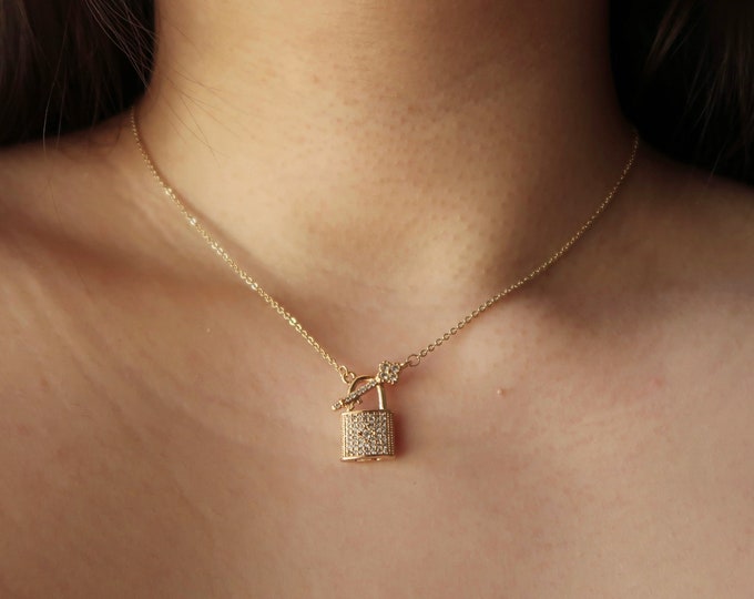 Key Padlock Pendant Necklace Key Lock Necklace Sparkly Etsy