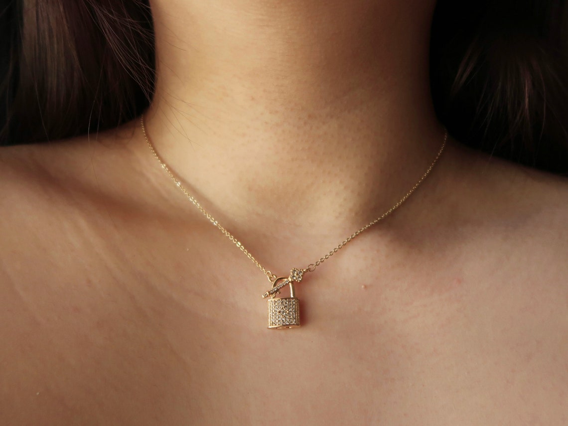 Key Padlock Pendant Necklace Key Lock Necklace Sparkly Etsy