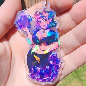 Witchy Fire Succubus 3&quot; Acrylic Charm, Double Sided Acrylic Keychain, NSFW Anime Keychain Holographic Finish