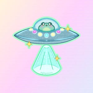 Spaceship Froggy Holographic Sticker, UFO Frog Vinyl Sticker, Cute Funny Frog Sticker, Alien Frog Sticker