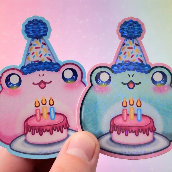 Birthday Froggy Holographic Sticker, Birthday Party Frog Vinyl Sticker, Cute Funny Frog Sticker, Birthday Cake Sticker