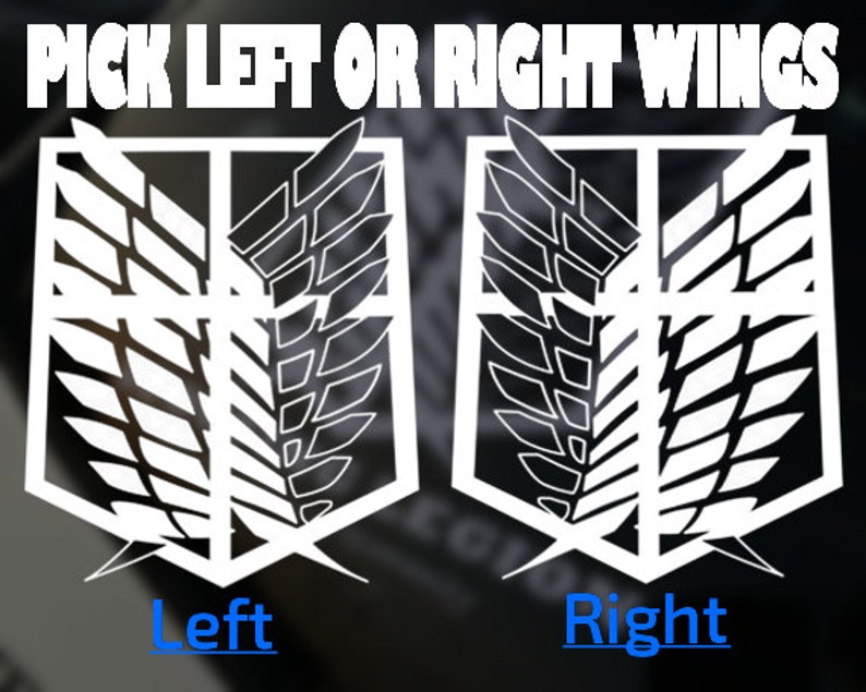Op de afbeelding: Twee zwart-wit afbeeldingen van het Attack on Titan-logo. Het logo is een schild met twee vleugels. De linker afbeelding heeft de vleugels aan de linkerkant van het schild, en de rechter afbeelding heeft de vleugels aan de rechterkant van het schild. De tekst "Pick Left or Right Wings" staat bovenaan de afbeelding. De tekst "Left" staat onder de linker afbeelding, en de tekst "Right" staat onder de rechter afbeelding.