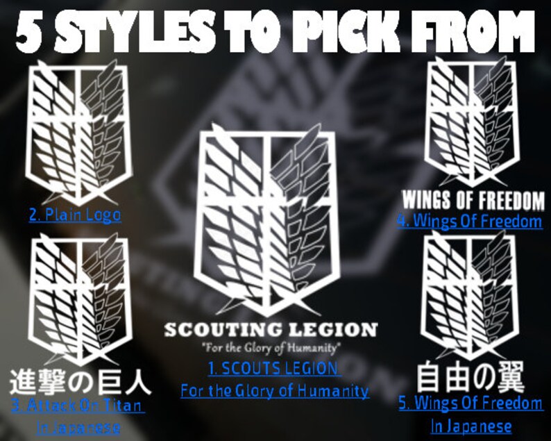 Op de afbeelding: Vijf verschillende stijlen van Attack on Titan-logo's, waaronder een simpel logo, een logo met de tekst "Scouting Legion" en de zin "For the Glory of Humanity", een logo met de tekst "Wings of Freedom", een logo met de Japanse tekst "進撃の巨人" (Attack on Titan) en een logo met de Japanse tekst "自由の翼" (Wings of Freedom).