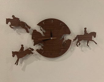 Walnut Wood Three Day Eventing Horse Clock - featuring jumping, dressage and cross country!