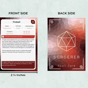 May include: A red and orange fantasy spell card for a sorcerer. The card is 3 1/2 inches tall and 2 1/2 inches wide. The card features the text "Fireball" and "Sorcerer Spell Card".